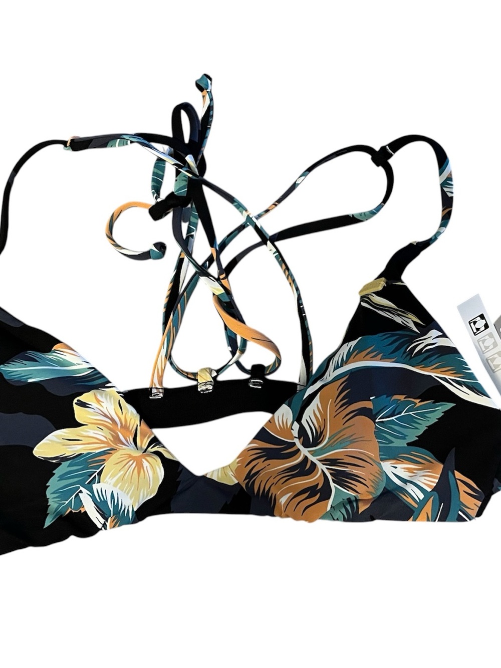 Roxy Black Floral Triangle Bikini Top with Yellow and Teal Leaves